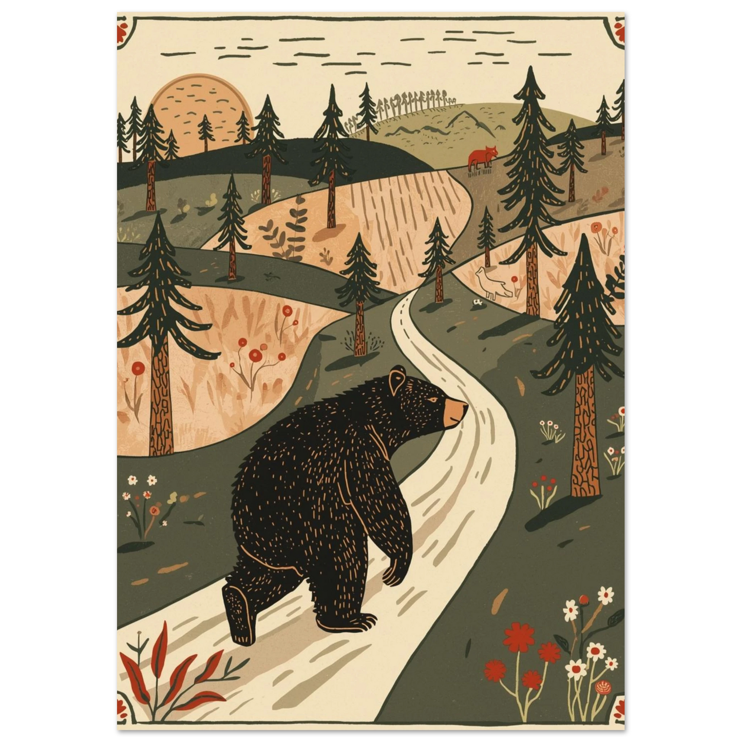 Detaljerad illustration av björn i svenskt landskap, konstnärligt djurmotiv för vägg