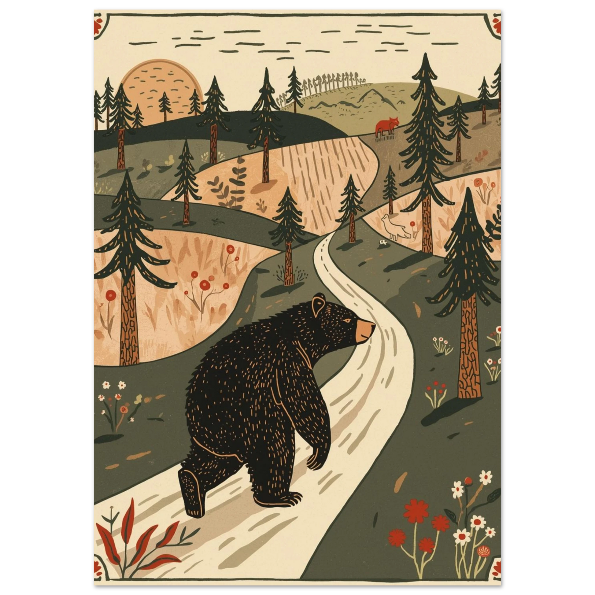 Detaljerad illustration av björn i svenskt landskap, konstnärligt djurmotiv för vägg