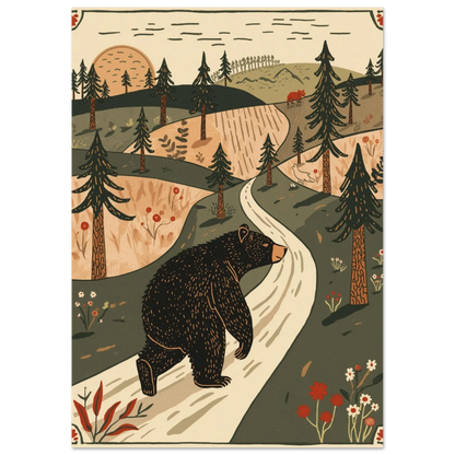 Detaljerad illustration av björn i svenskt landskap, konstnärligt djurmotiv för vägg