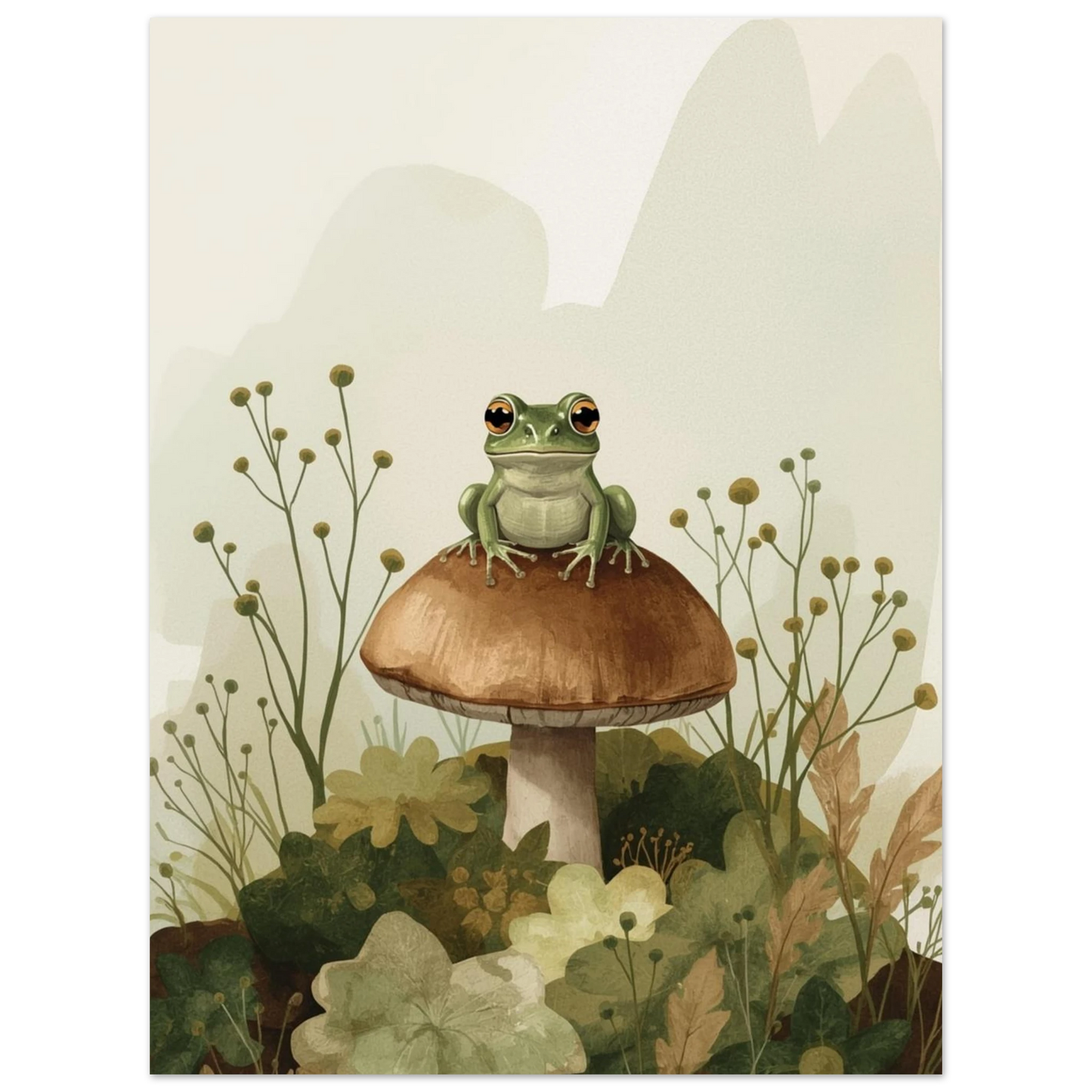 Söt grodposter i dova naturfärger med detaljerad vegetation och svamp