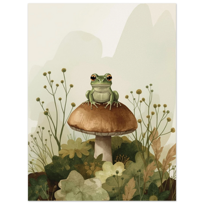 Söt grodposter i dova naturfärger med detaljerad vegetation och svamp