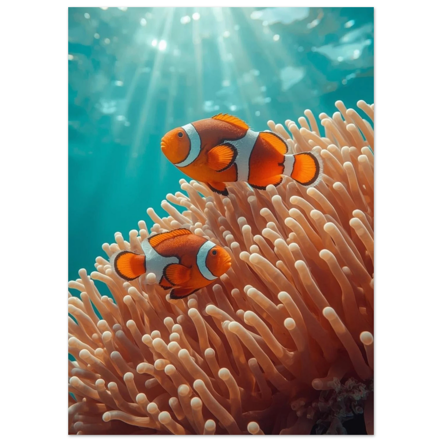 Nemo-fiskar i en mjukt rosa anemon med strålande solljus undervattnet