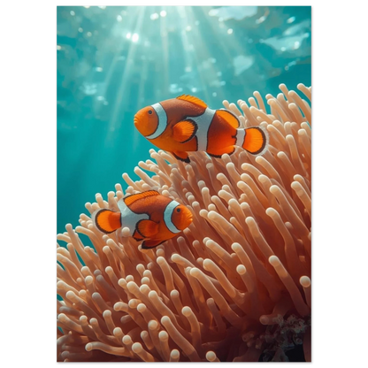 Nemo-fiskar i en mjukt rosa anemon med strålande solljus undervattnet