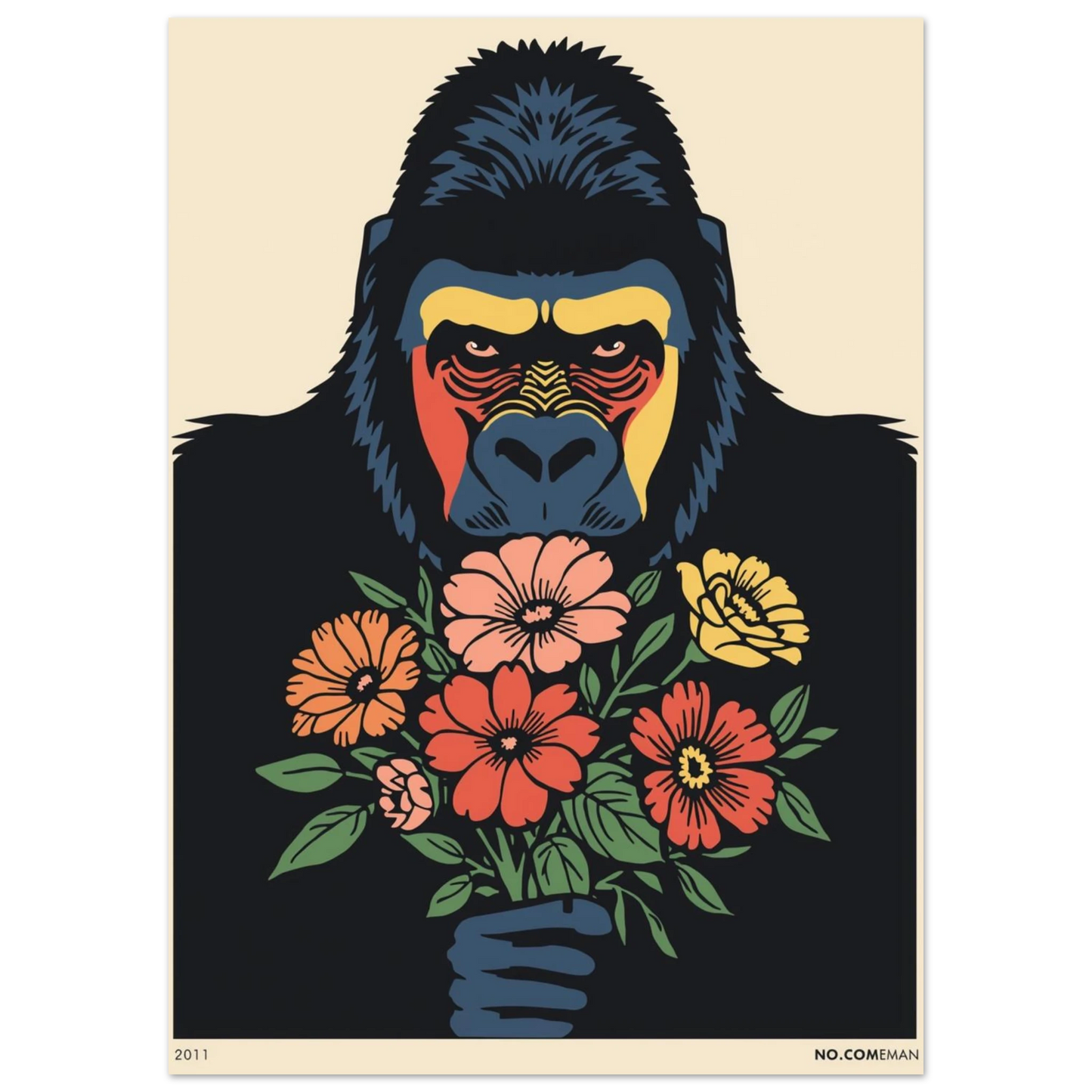 Närbild på gorillans ansikte med blommor i orange och gult