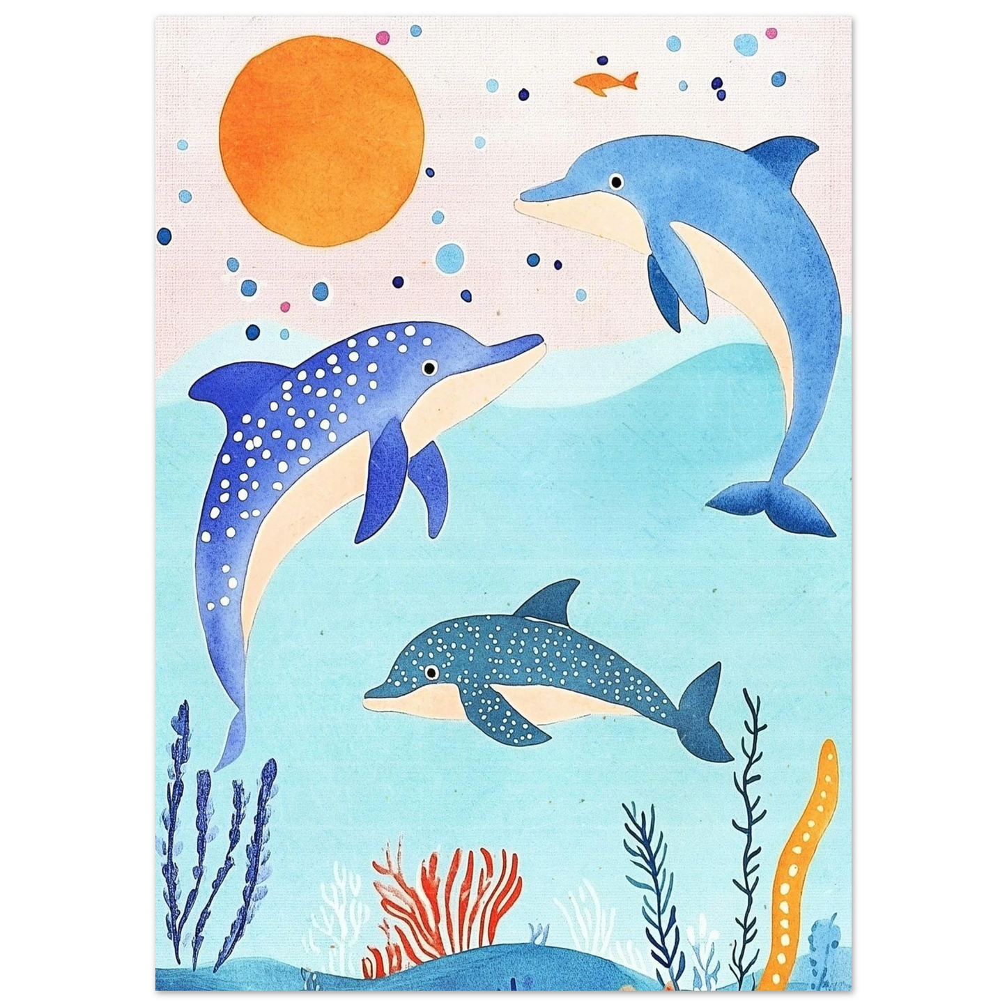 Tre lekfulla delfiner under en orange sol, marin illustration i akvarell