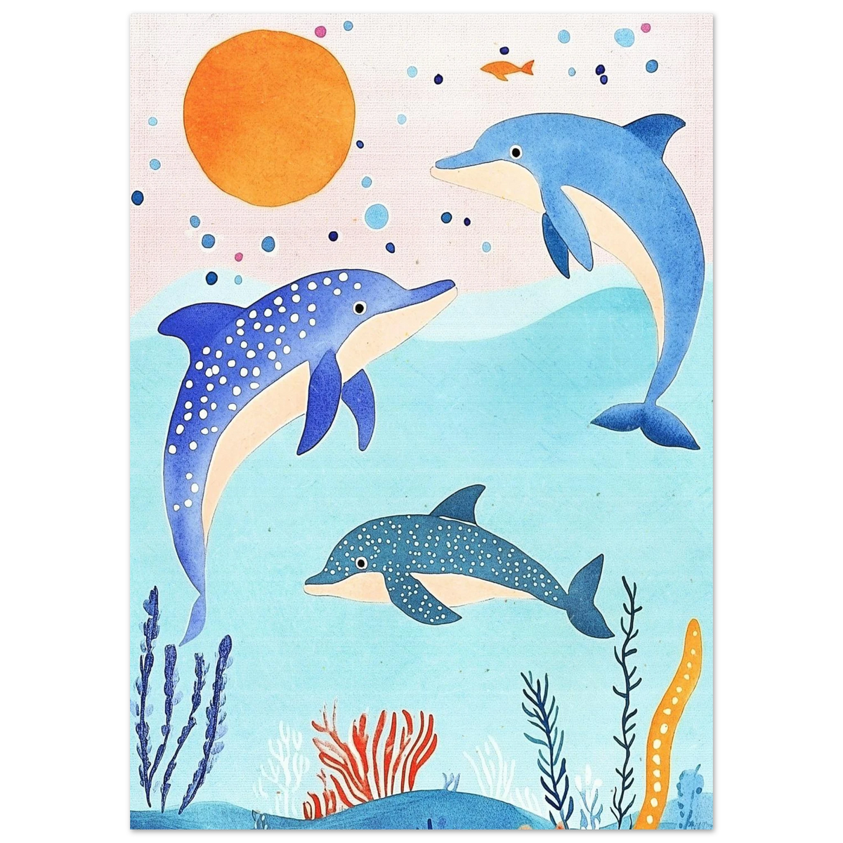 Tre lekfulla delfiner under en orange sol, marin illustration i akvarell