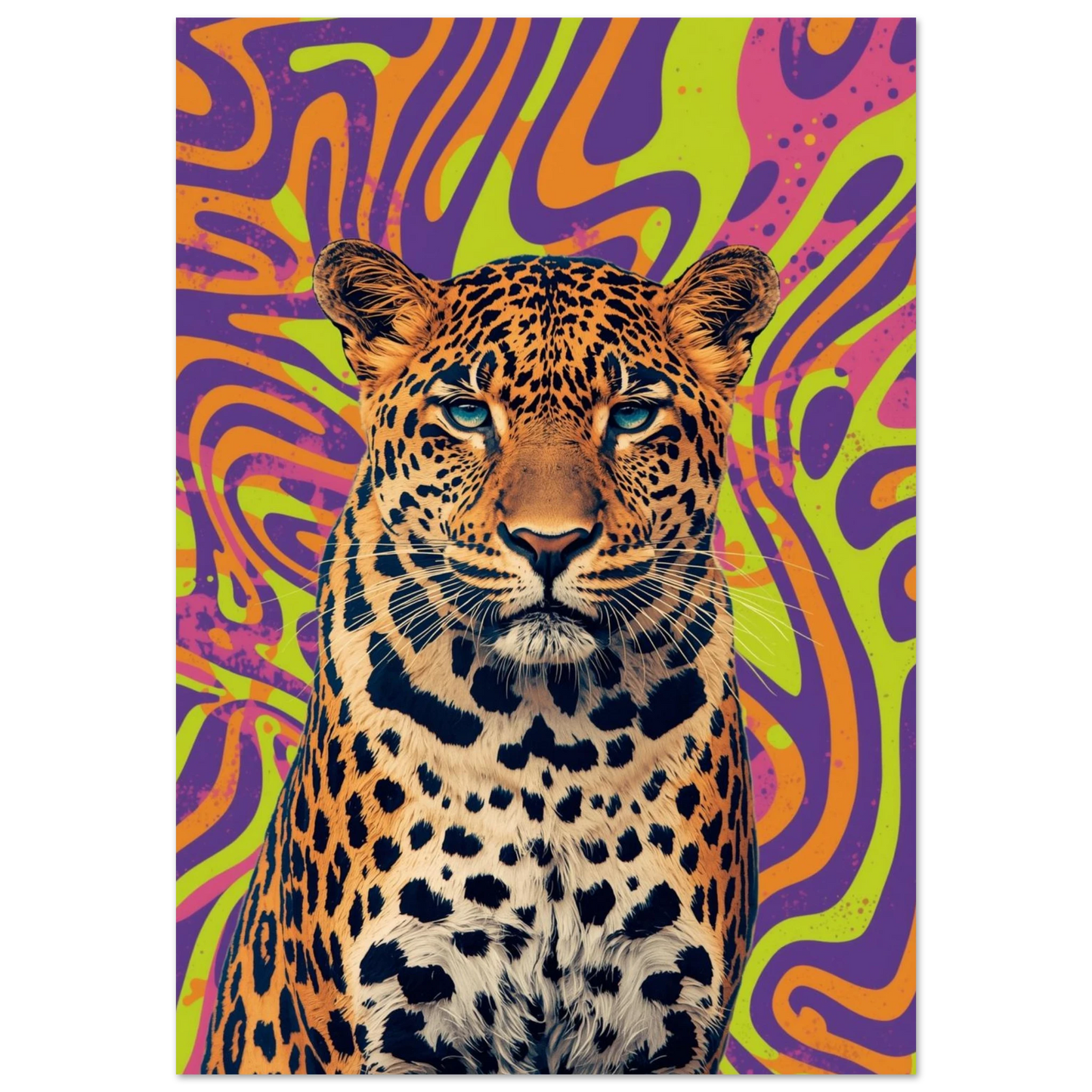 Färgglad leopard med neonfärgad bakgrund i en abstrakt tecknad stil – Poster