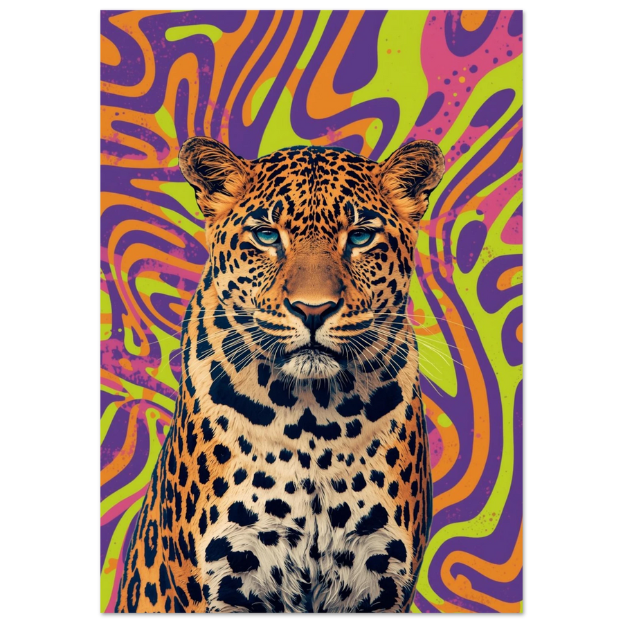 Färgglad leopard med neonfärgad bakgrund i en abstrakt tecknad stil – Poster