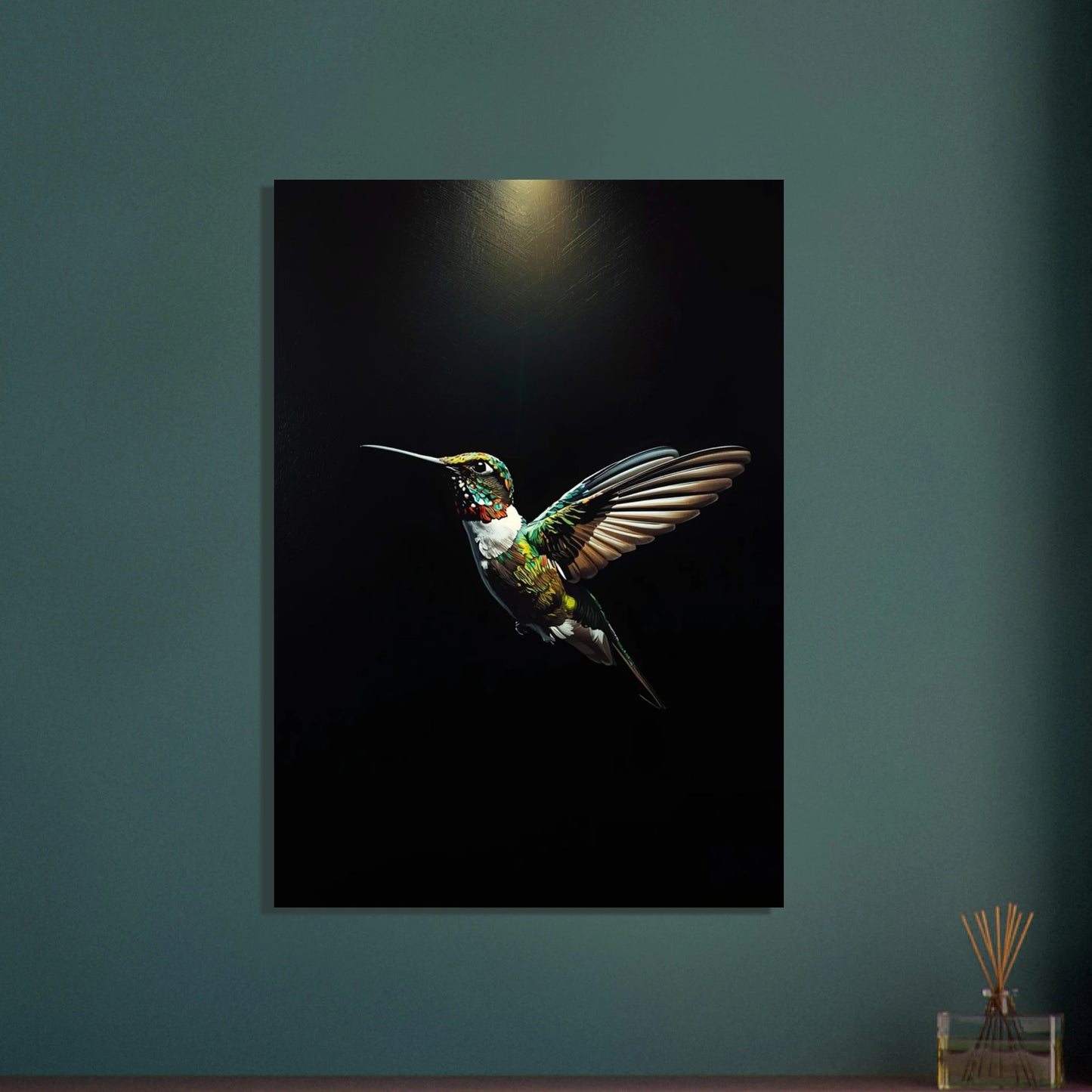 Färgstark kolibri i impasto-stil mot mörk bakgrund, konstnärlig och levande.