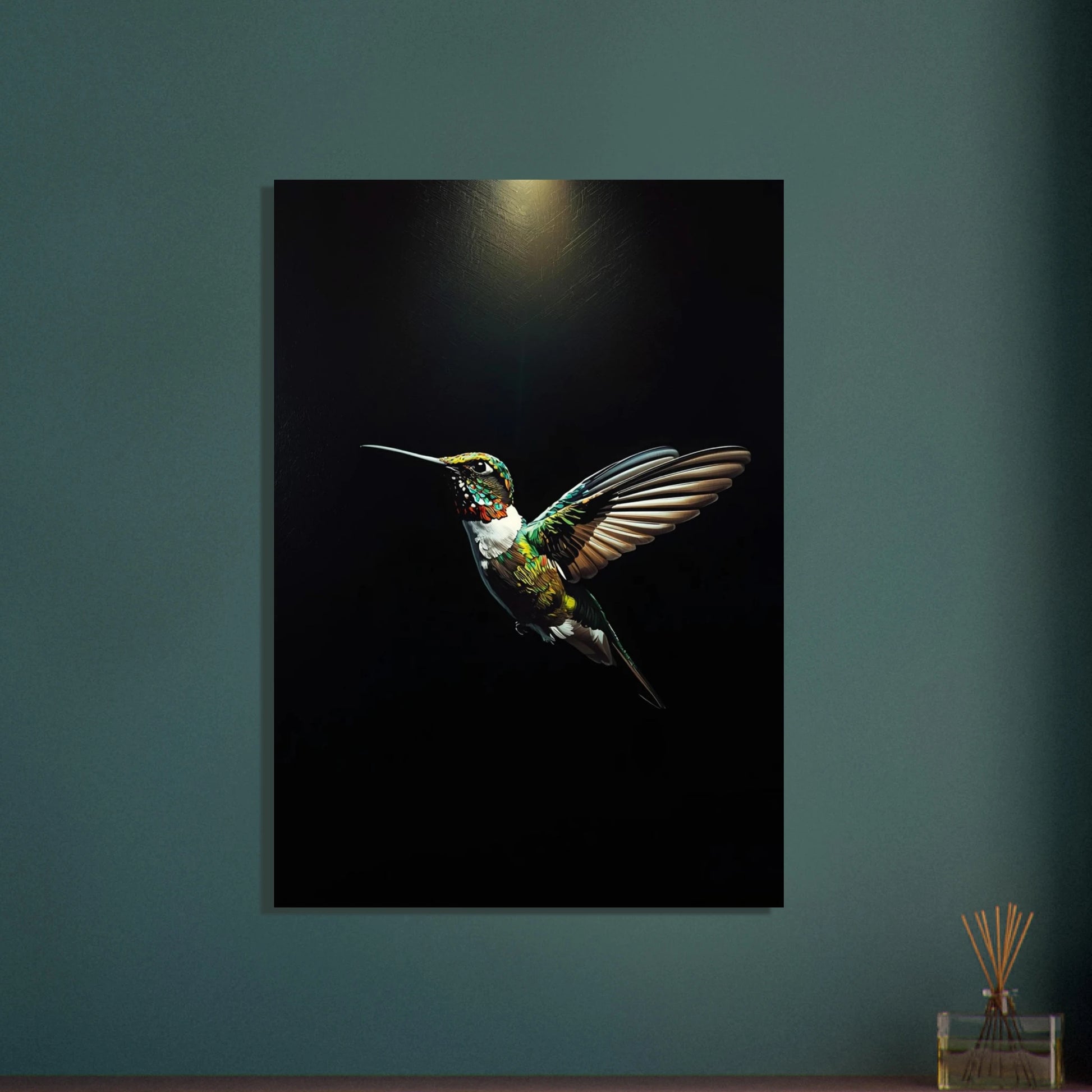 Färgstark kolibri i impasto-stil mot mörk bakgrund, konstnärlig och levande.