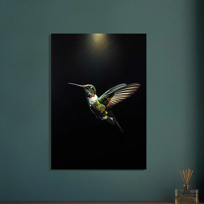 Färgstark kolibri i impasto-stil mot mörk bakgrund, konstnärlig och levande.