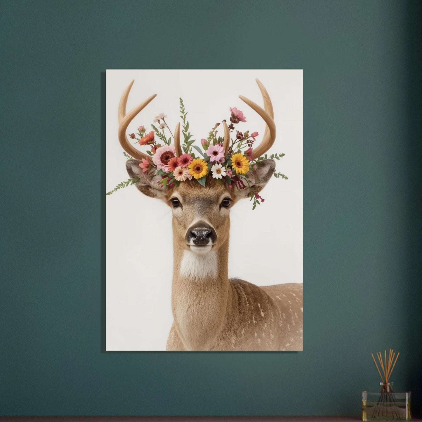Majestätisk hjort med vildblommor på hornen, lugn och naturlig stämning.