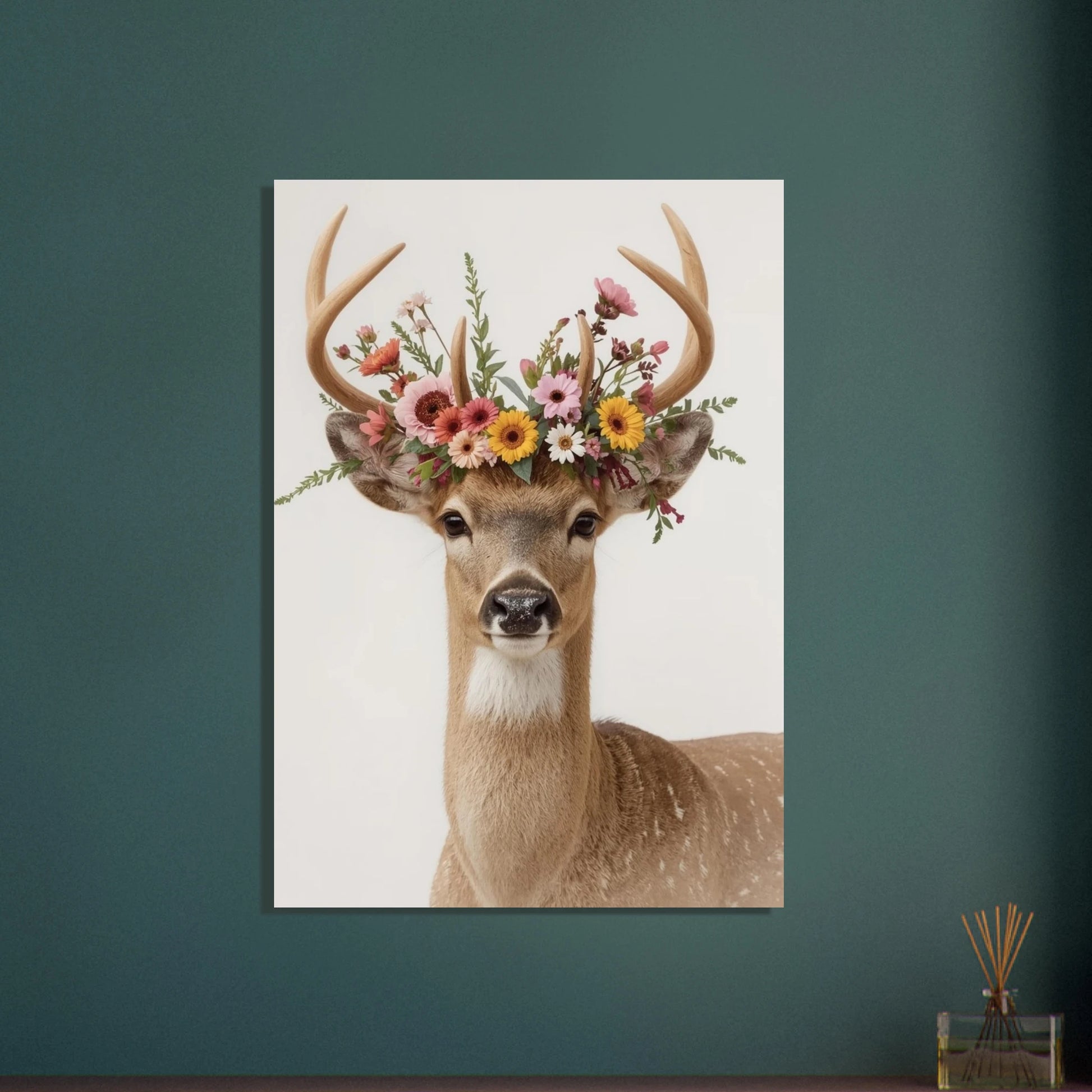 Majestätisk hjort med vildblommor på hornen, lugn och naturlig stämning.
