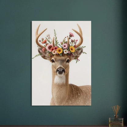 Majestätisk hjort med vildblommor på hornen, lugn och naturlig stämning.