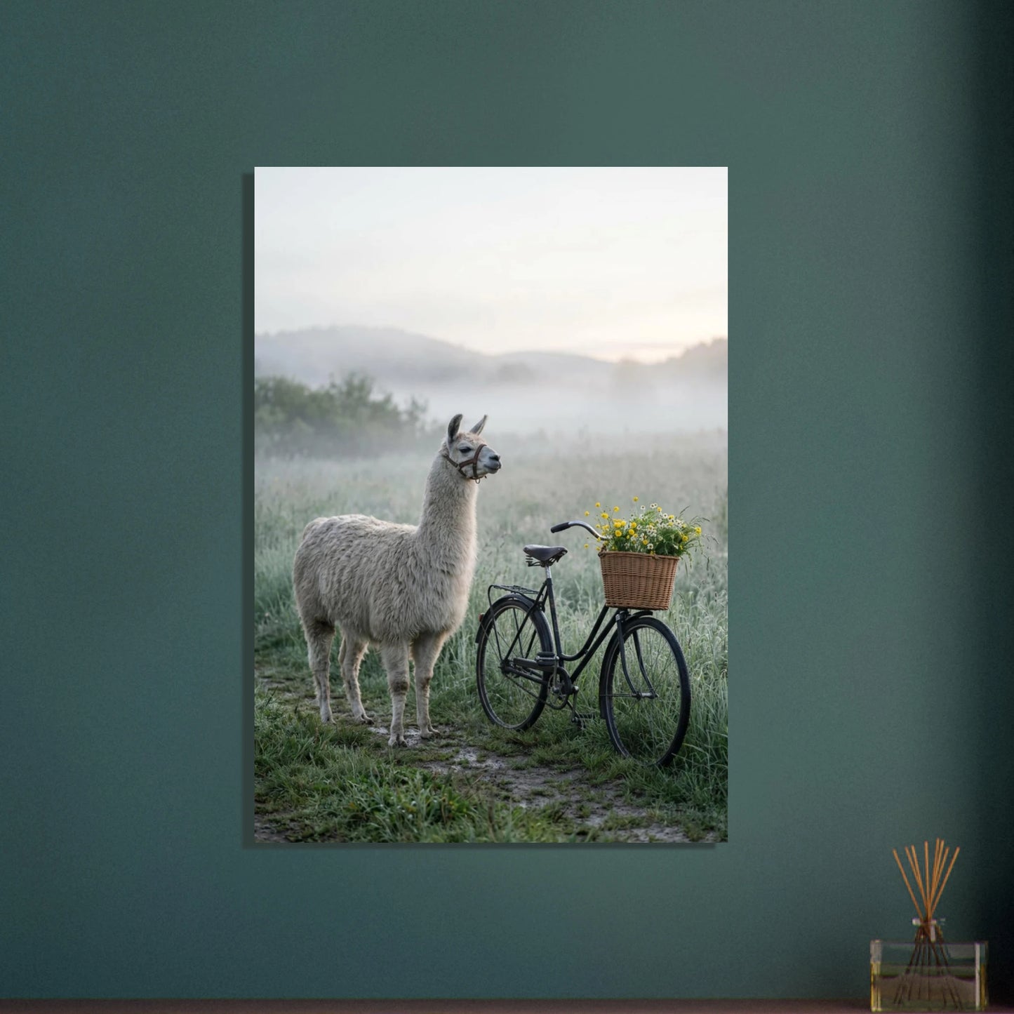 Elegant lama i dimmigt landskap bredvid vintagecykel med blommor.
