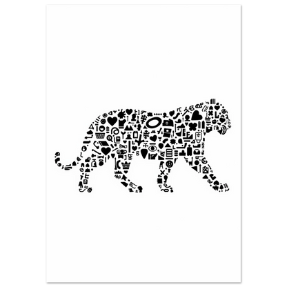 Svartvit tigerposter uppbyggd av små grafiska symboler på vit bakgrund
