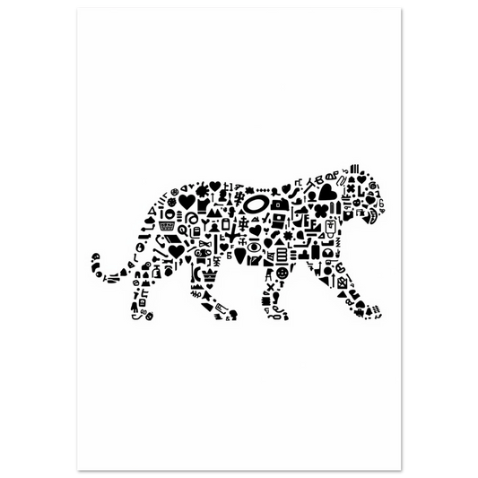 Svartvit tigerposter uppbyggd av små grafiska symboler på vit bakgrund
