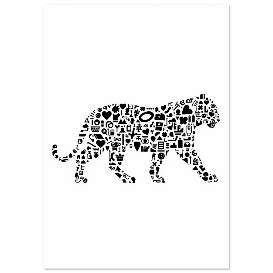 Svartvit tigerposter uppbyggd av små grafiska symboler på vit bakgrund