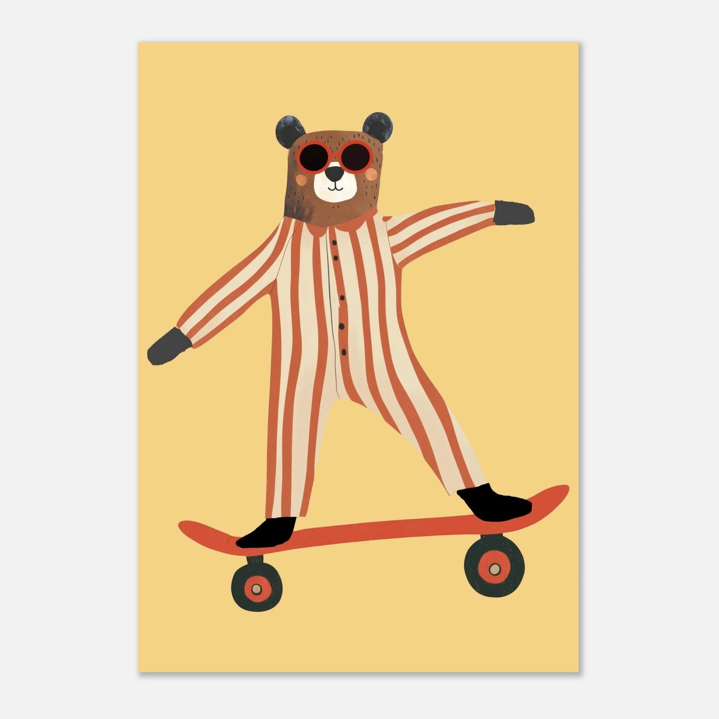 Lekfull djurposter föreställande en björn som balanserar på en skateboard i pyjamas