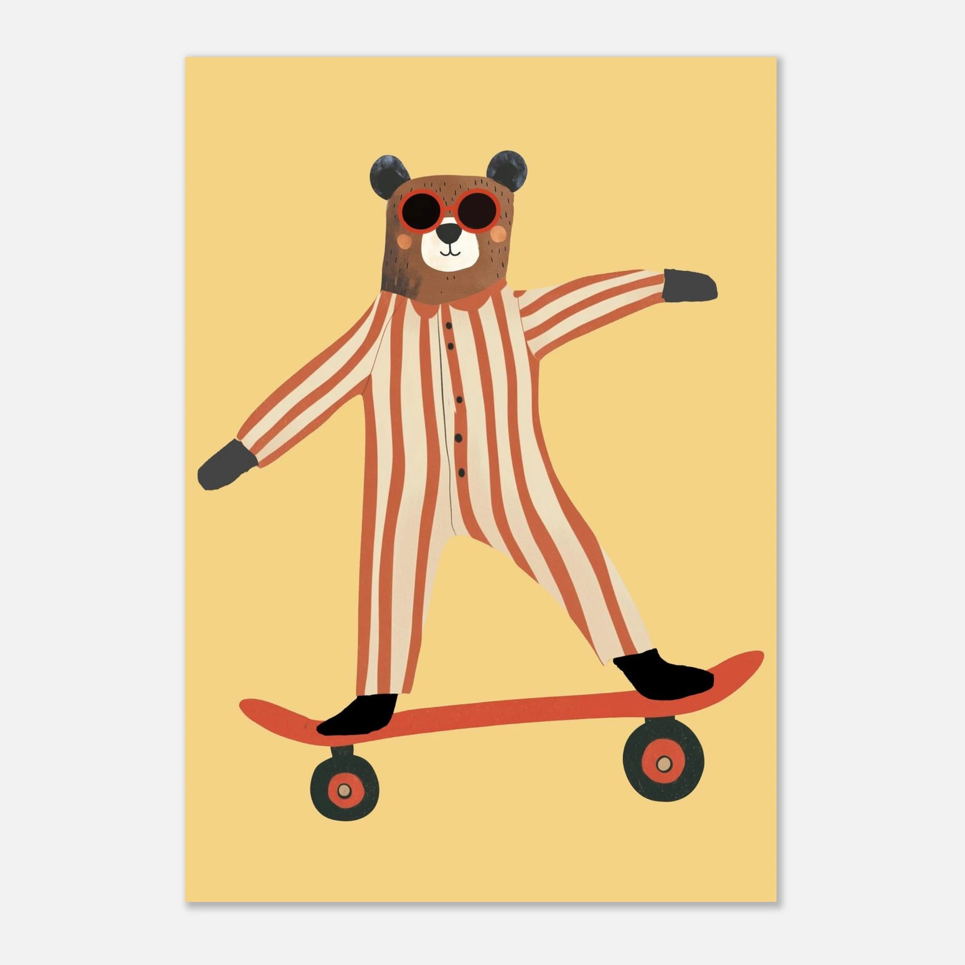 Lekfull djurposter föreställande en björn som balanserar på en skateboard i pyjamas