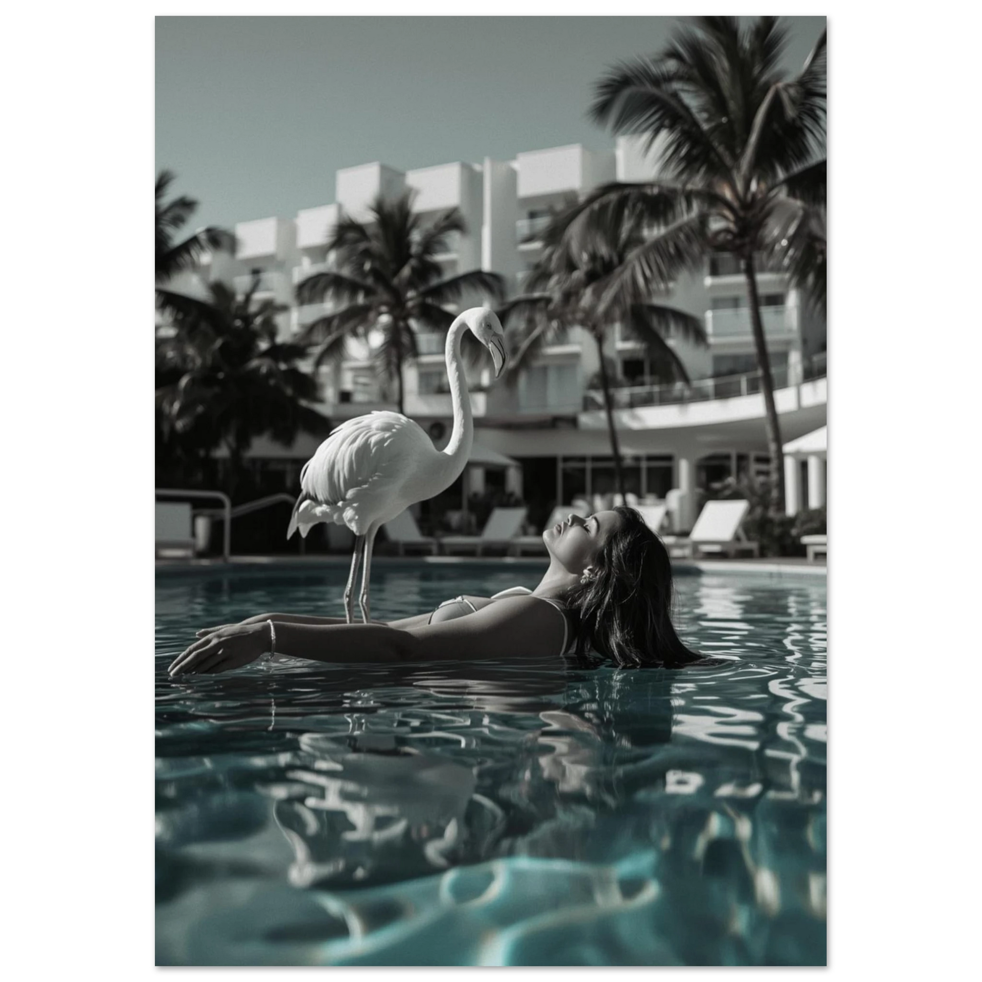 Elegant flamingo i pool med kvinna och palmer, turkost vatten