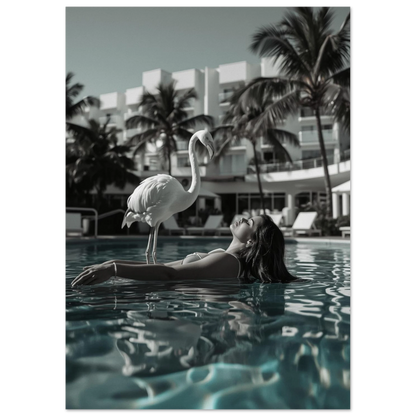 Elegant flamingo i pool med kvinna och palmer, turkost vatten