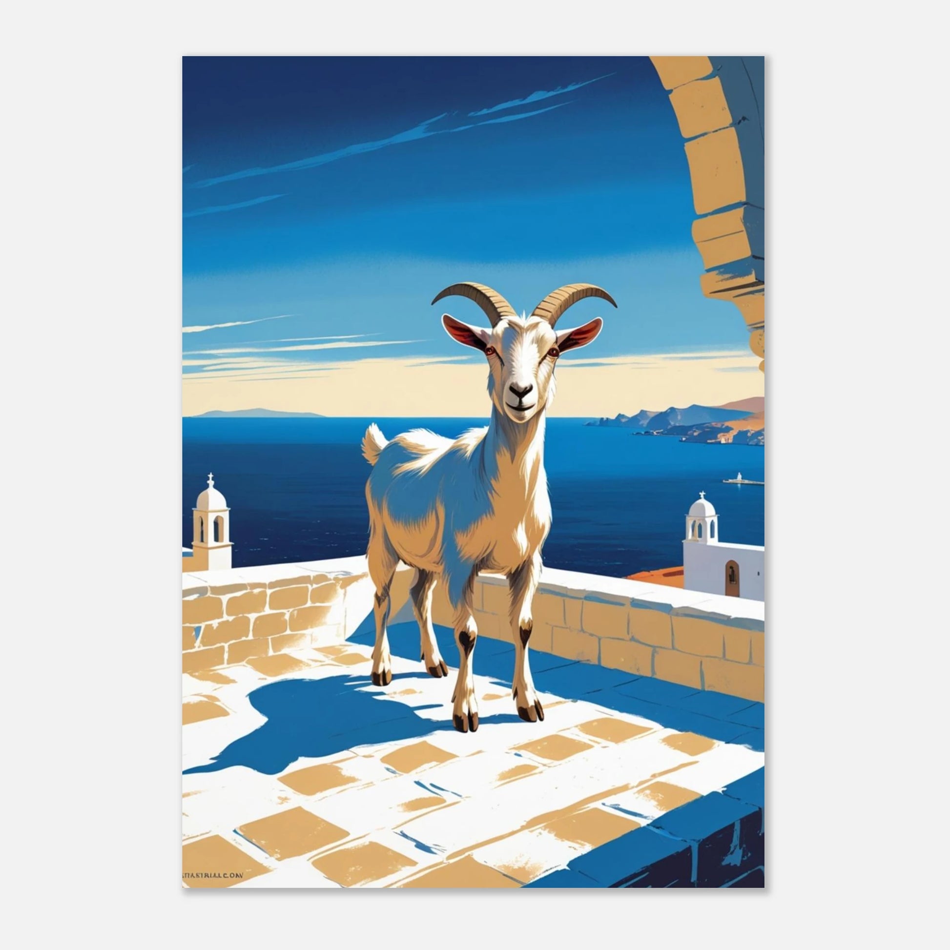 Grafiskt djurmotiv med vit get på stengolv framför glittrande hav