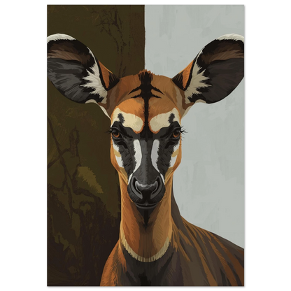 Stiliserad okapi i närbild med grafisk bakgrund – modern djurposter