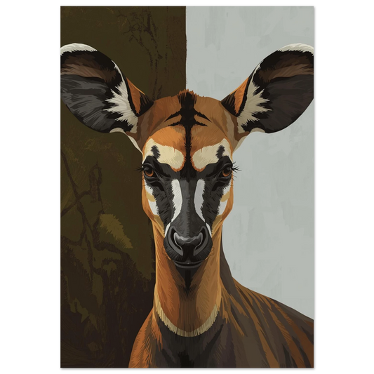Stiliserad okapi i närbild med grafisk bakgrund – modern djurposter