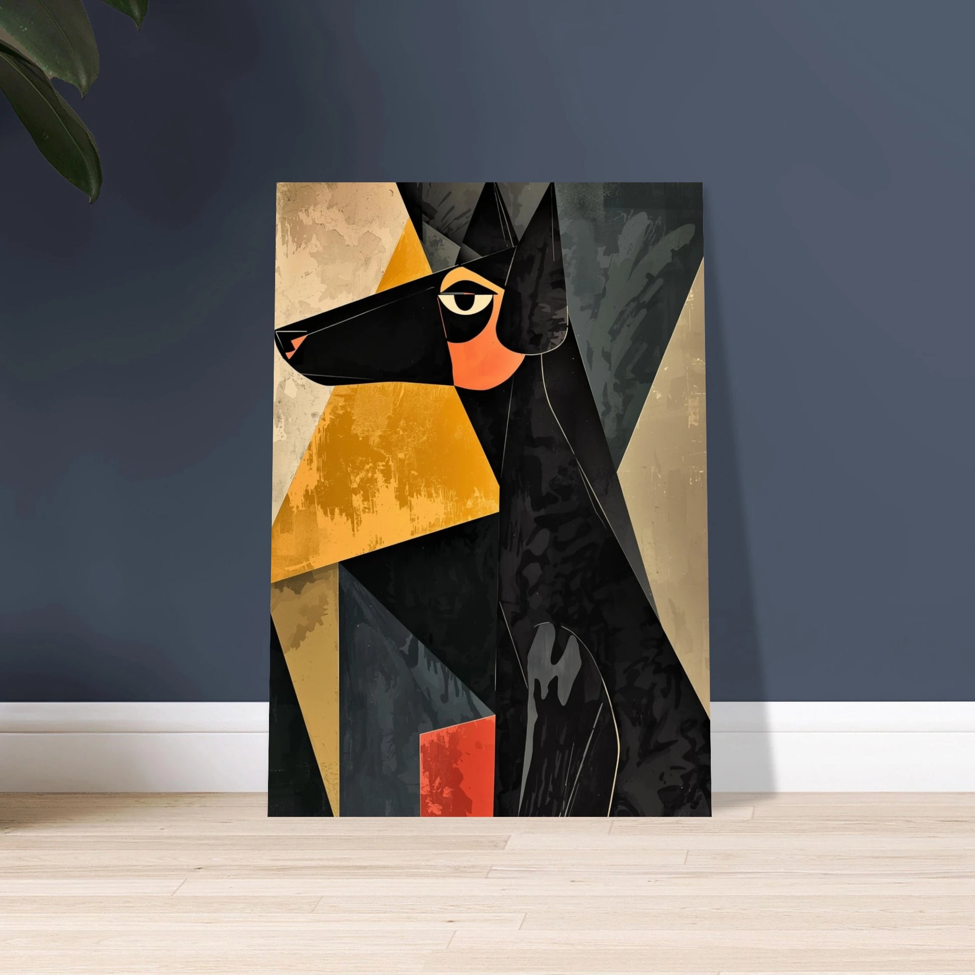 Kubistisk hund i svart, orange och grått, modern konst