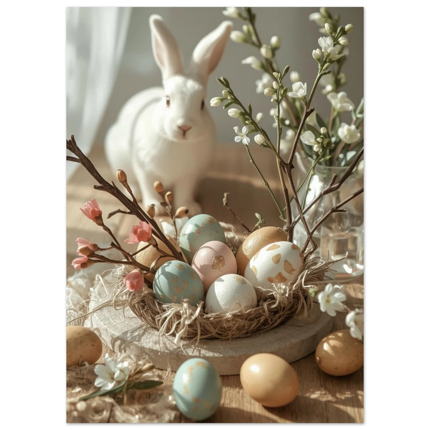 Närbild av påskdekorationer med kanin, ägg och vårblommor i naturliga toner – Fotorealistisk poster