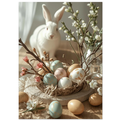 Närbild av påskdekorationer med kanin, ägg och vårblommor i naturliga toner – Fotorealistisk poster