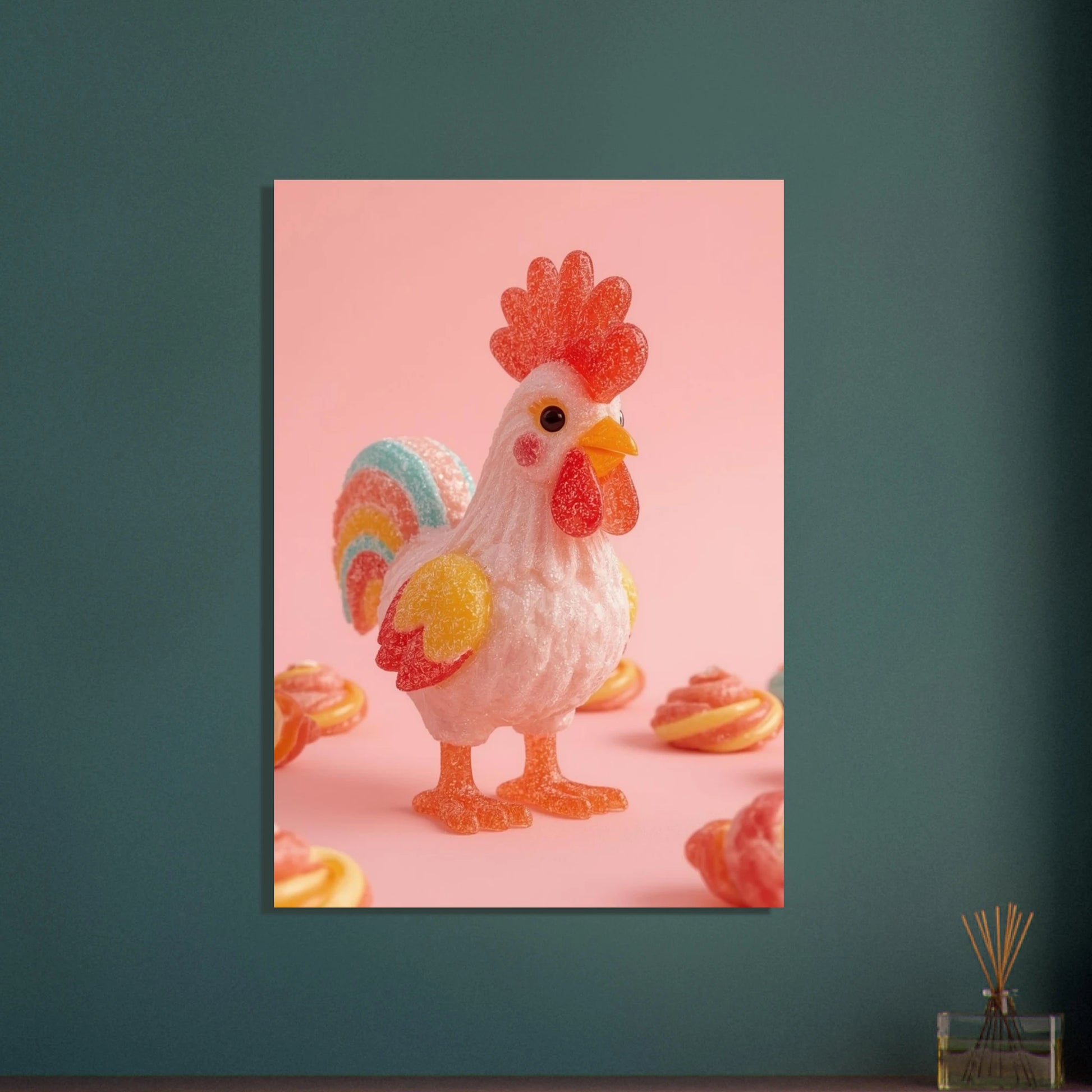 Söt godistupp i pastellfärger på rosa bakgrund med godisbitar.