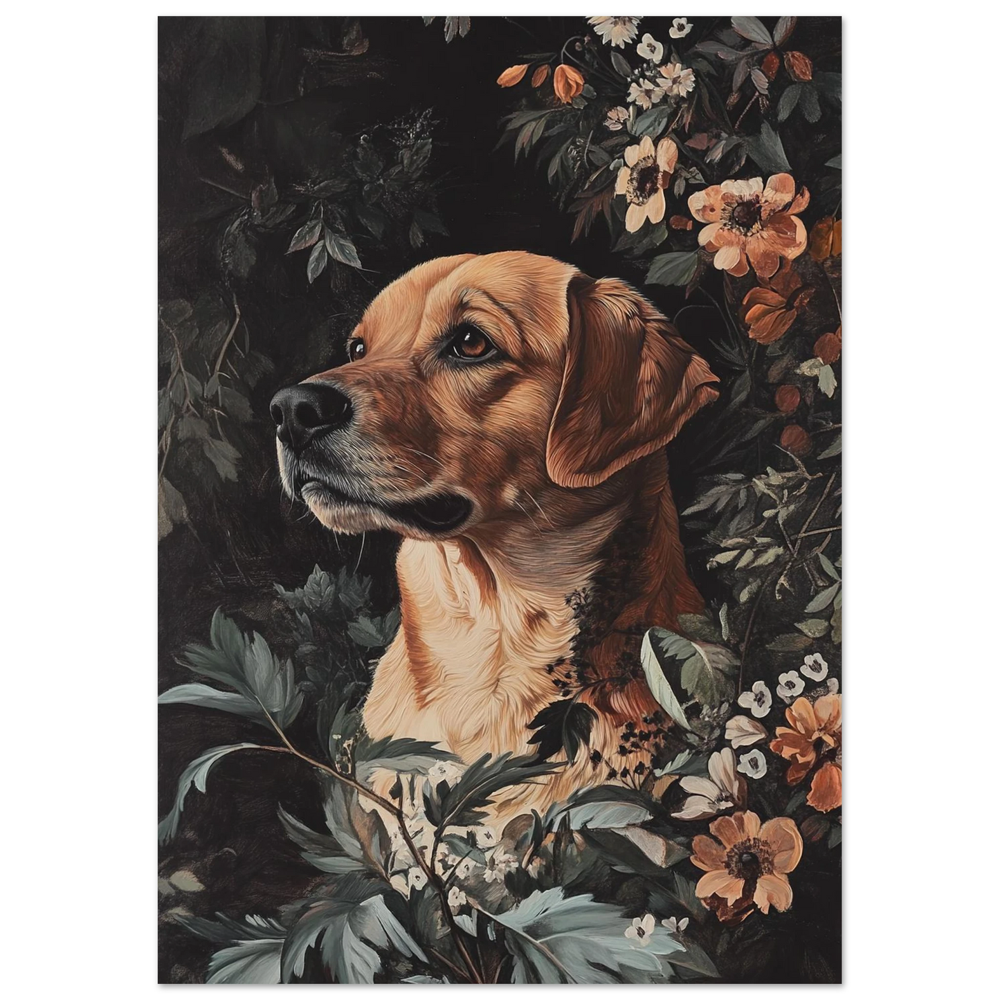 Klassisk oljemålning av en hund i en tät blomsterprakt