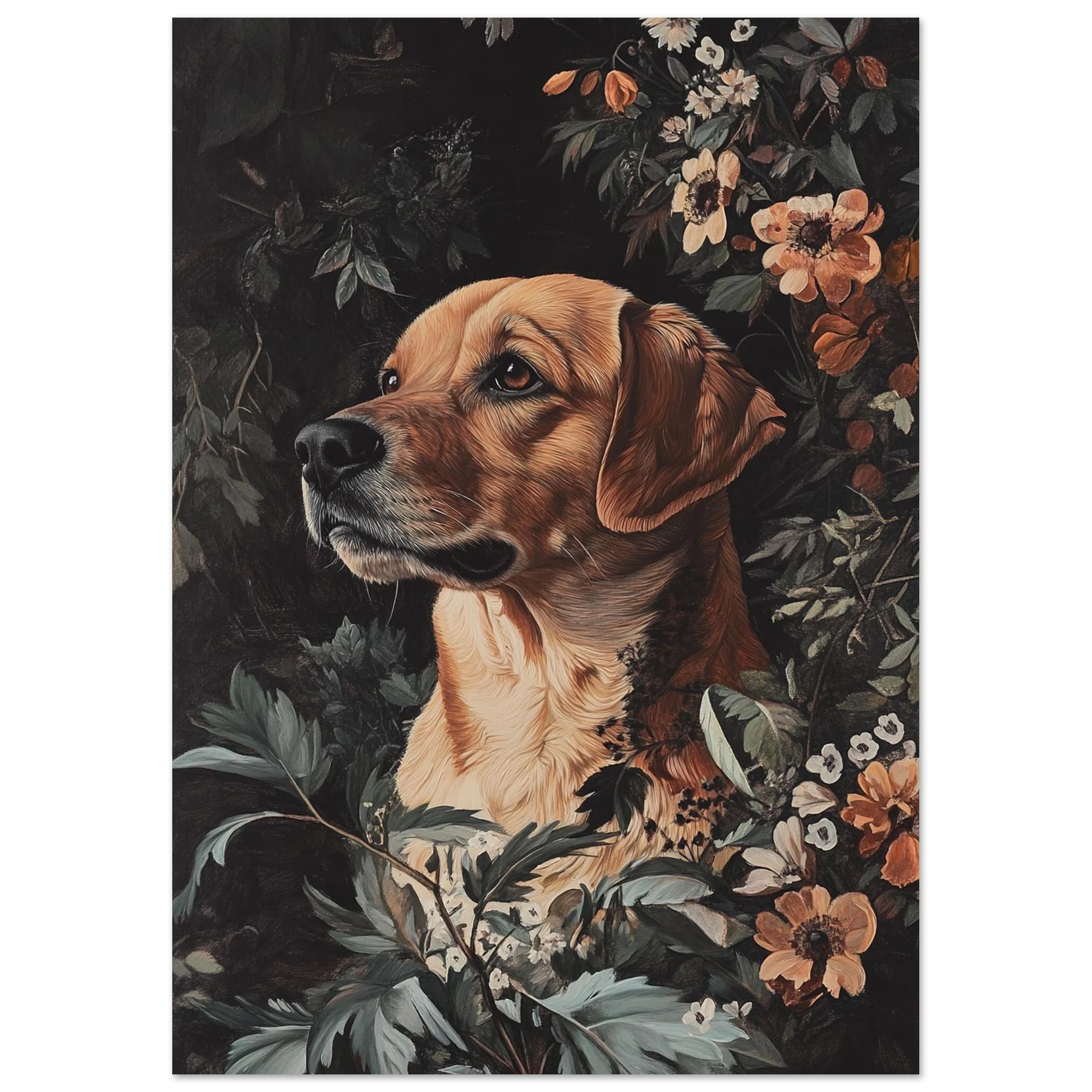 Klassisk oljemålning av en hund i en tät blomsterprakt