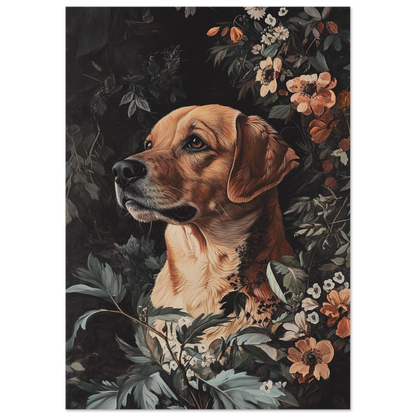 Klassisk oljemålning av en hund i en tät blomsterprakt