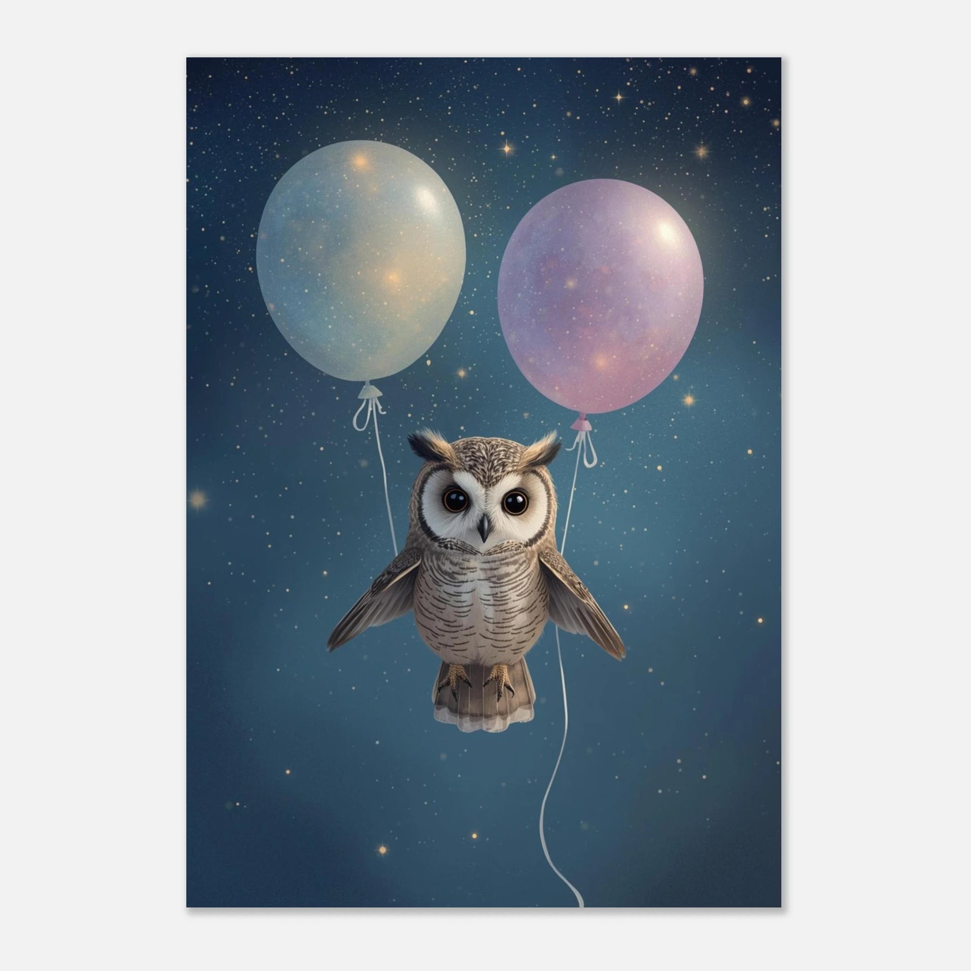 Sagoaktig djurposter med en uggla som bärs upp av ballonger