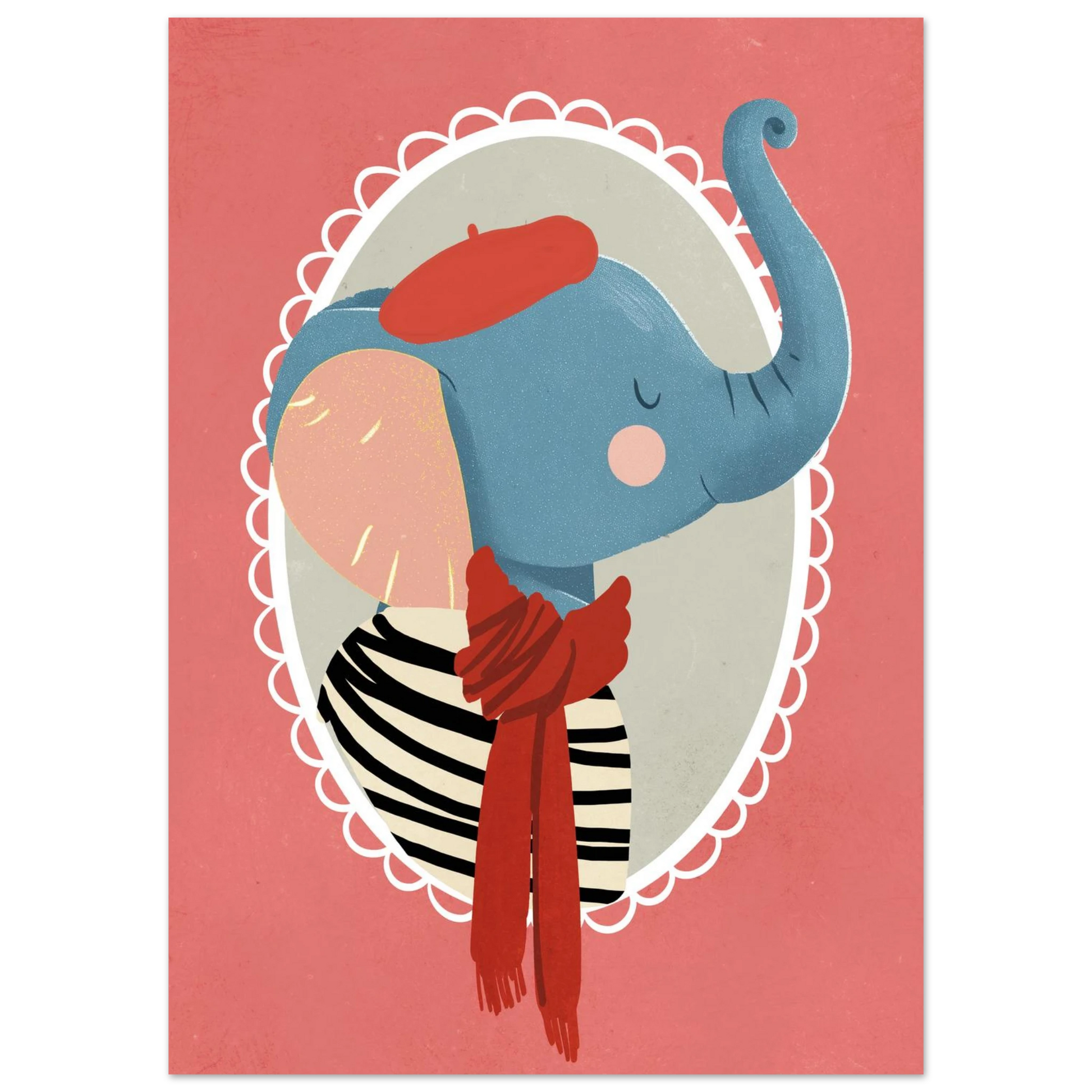 Närbild på illustrerad elefant med röd halsduk och basker