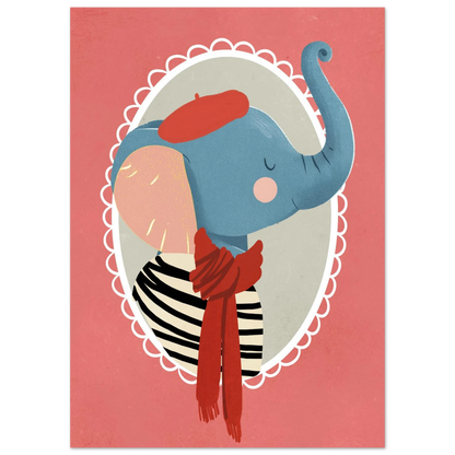 Närbild på illustrerad elefant med röd halsduk och basker