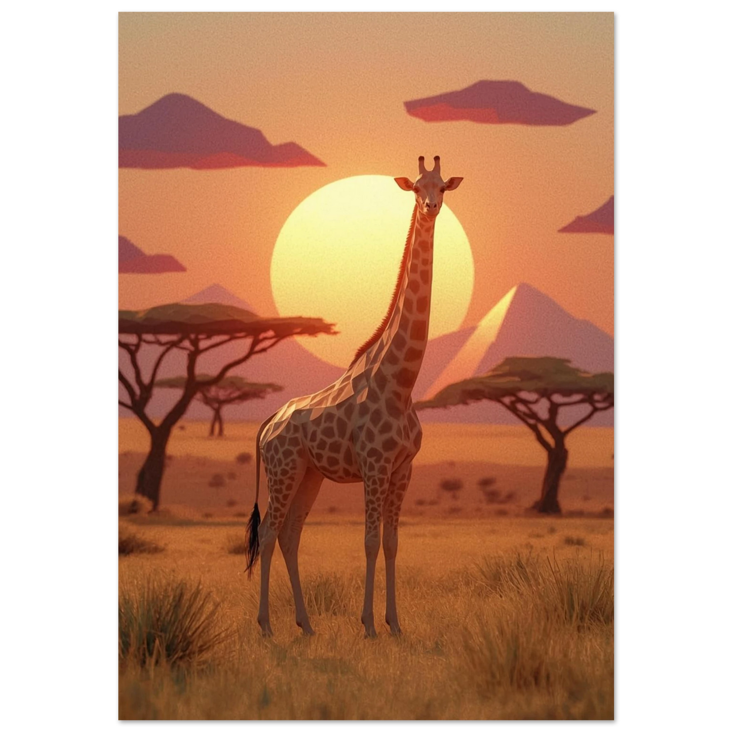 Grafisk giraff i low-poly stil på savann vid solnedgång – djurposter