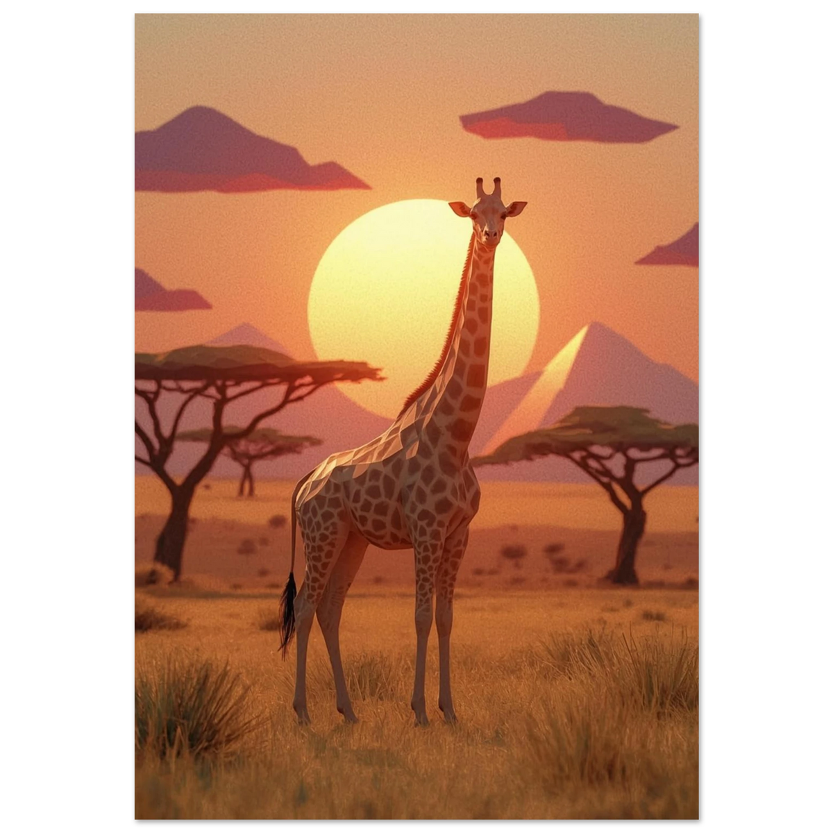Grafisk giraff i low-poly stil på savann vid solnedgång – djurposter