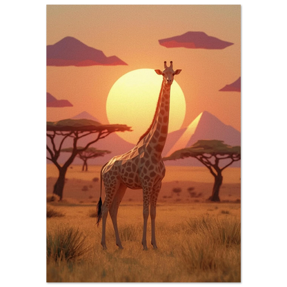 Grafisk giraff i low-poly stil på savann vid solnedgång – djurposter