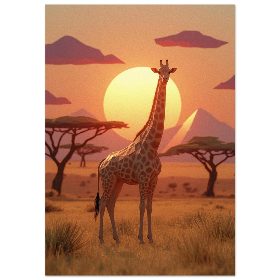 Grafisk giraff i low-poly stil på savann vid solnedgång – djurposter
