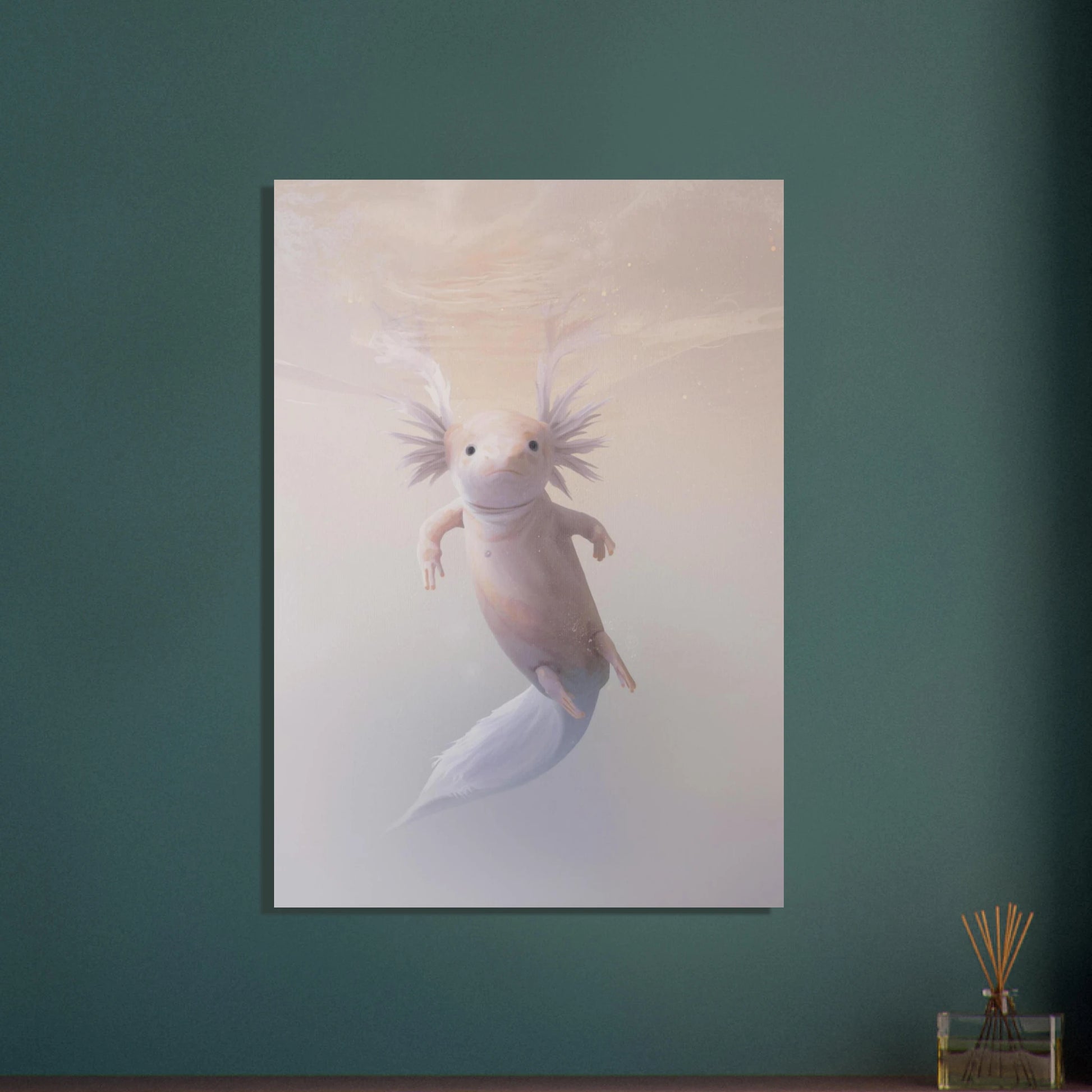 Axolotl i lugnt, ljust vatten, drömlik och fridfull undervattensscen.