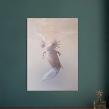 Axolotl i lugnt, ljust vatten, drömlik och fridfull undervattensscen.