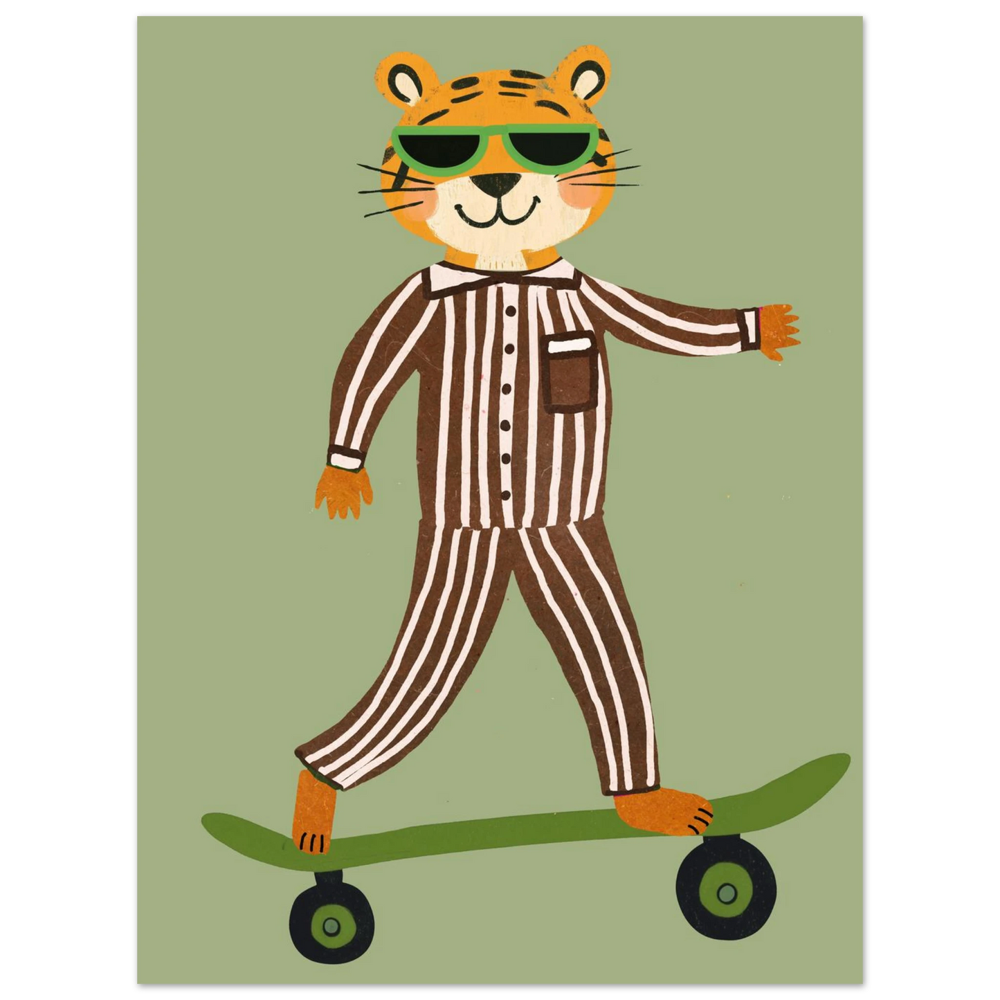 Skateboardåkande tiger med kaxig attityd – färgglad poster med djurmotiv