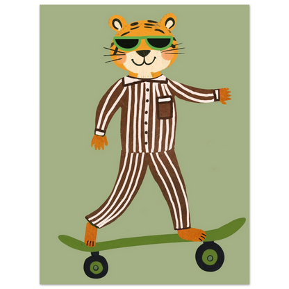 Skateboardåkande tiger med kaxig attityd – färgglad poster med djurmotiv