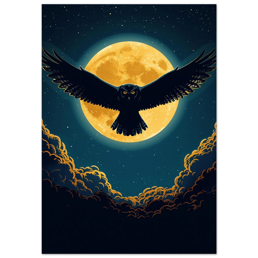 Svart uggleposter med utbredda vingar framför en stor gul fullmåne