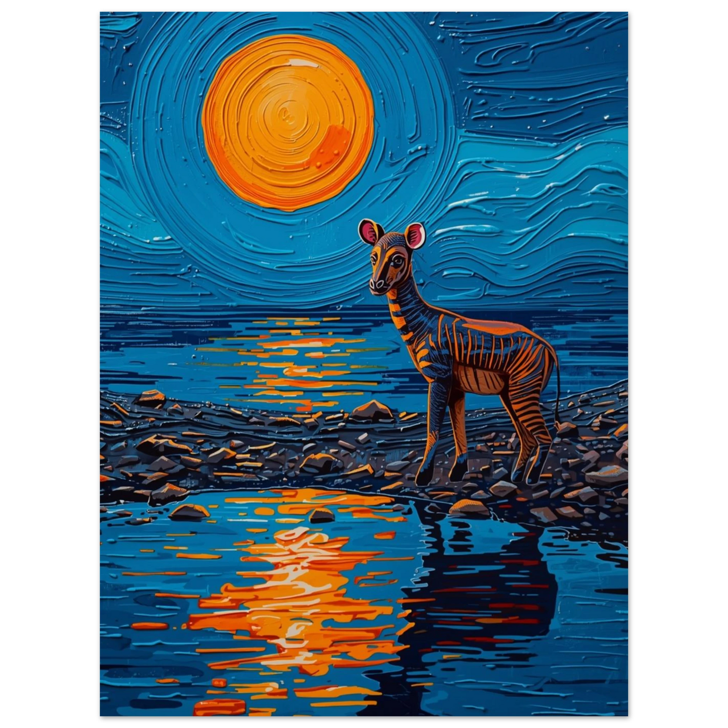 Expressionistiskt konsttryck av en okapi i ett drömlikt nattlandskap