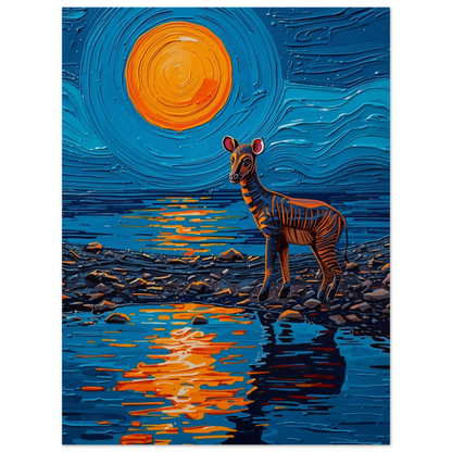 Expressionistiskt konsttryck av en okapi i ett drömlikt nattlandskap